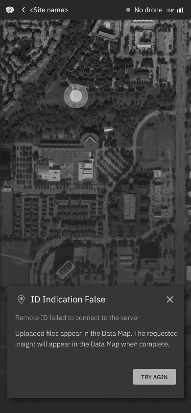 Remote ID — ID indication false, connection failure state with map view